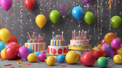 3d render of birthday cake with balloons and confetti on grey background