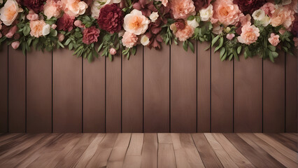 Fototapeta na wymiar Wooden background with flowers and wooden planks. 3d render