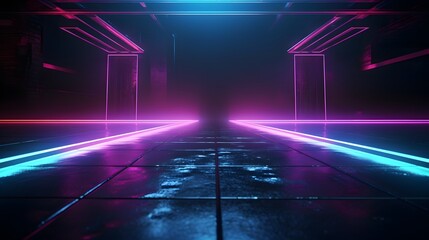Futuristic Sci-Fi Abstract Blue And Purple Neon Light Shapes On Black Background And Reflective Concrete With Empty Space For Text