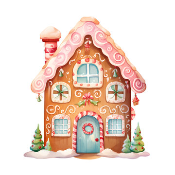 Watercolor Christmas festive gingerbread cute house with pink icing, blue windows, ornaments, wreath and trees in snow scene, isolated on white background, winter season, holiday