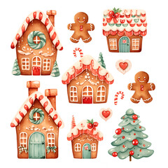 Set watercolor Christmas festive gingerbread cute house with frosting and icing decorations, candy cane, gingerbread man, cookies, trees isolated on white background, winter season, holiday