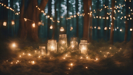 Christmas lanterns in the forest at night with bokeh lights - obrazy, fototapety, plakaty