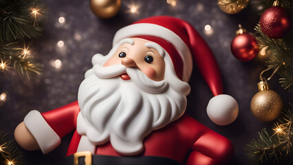 Santa Claus toy on a background of Christmas tree. New Year and Christmas background.