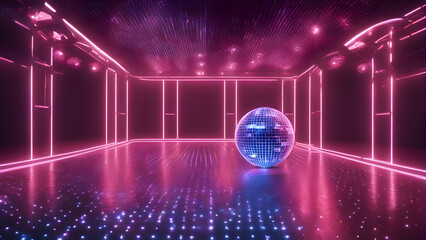 3d render. abstract background. neon glowing room with disco ball