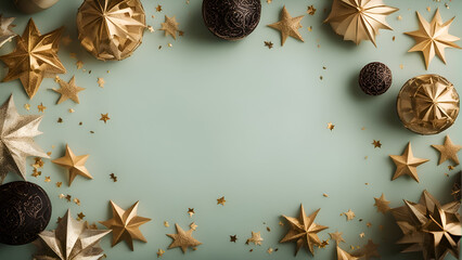 Christmas background with golden and silver decorations on green background. Flat lay. top view.