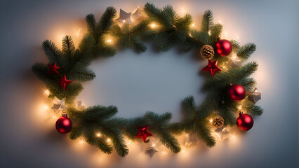 Christmas wreath with fir branches. red baubles. stars and garland lights