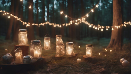 Christmas and New Year holidays background. Candles in glass jars with burning garland in the forest at night.