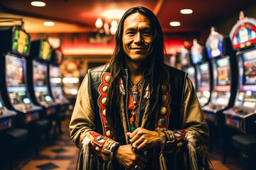 Obraz premium Portrait of a Native American inside a Casino with slot machines in backgrounds