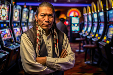Obraz premium Portrait of a Native American inside a Casino with slot machines in backgrounds
