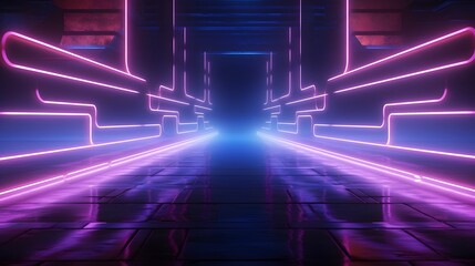Futuristic Sci-Fi Modern Empty Stage Reflective Concrete Room With Purple And Blue Glowing Neon...