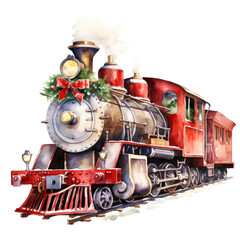 Fototapeta premium Сhristmas train isolated on a transparent background, watercolor style