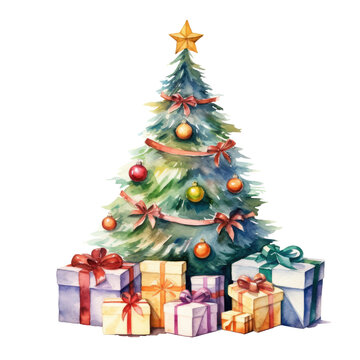 Watercolor Christmas tree isolated on a transparent background