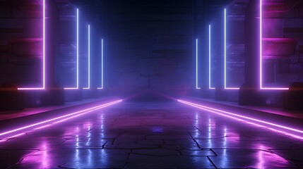 Futuristic Sci-Fi Modern Empty Stage Reflective Concrete Room With Purple And Blue Glowing Neon Tubes Shape Empty Space Wallpaper Background