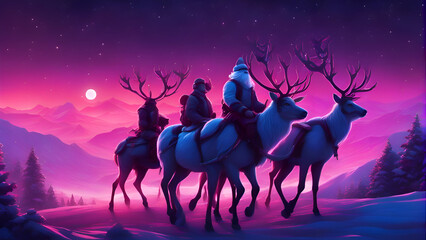 Illustration of Santa Claus riding on reindeer herd at night