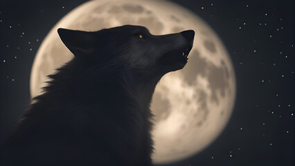 Black wolf in front of a full moon. 3D rendering.