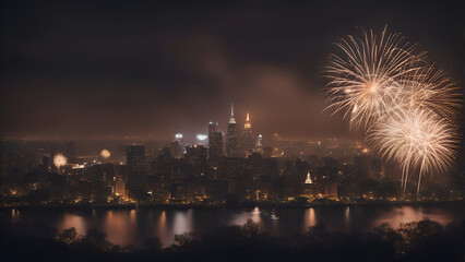New York City skyline at night with firework over Hudson River. - obrazy, fototapety, plakaty