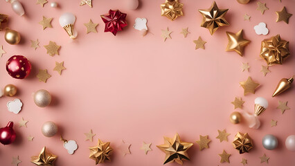 Christmas background with golden and silver decorations on pink. Flat lay. top view.