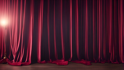Red stage curtains with spotlights. 3d render illustration background.