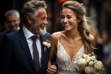 A heartwarming moment of the father of the bride giving his daughter away at the ceremony, with tears of joy in their eyes - Powered by Adobe