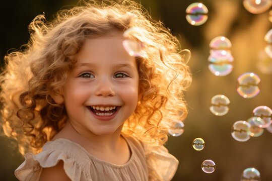 Happy cute blonde toddler girl playing with colorful bubbles in beautiful sunshine park, blurred outdoor environment background, with copy space.