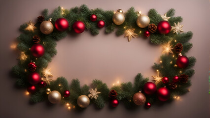 Fototapeta na wymiar Christmas wreath with baubles and lights on a gray background