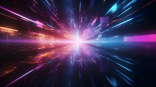 Futuristic technology abstract background with lines for network, big data, data center, server, internet, speed. Abstract neon lights into digital technology tunnel.