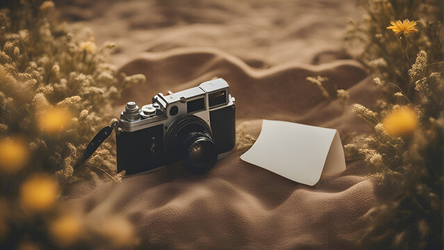 Retro camera with blank card on brown fabric background.vintage tone