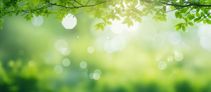 Blurry bokeh green background with trees and copy space for design