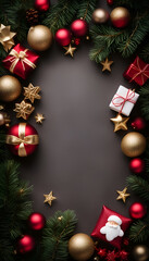 Christmas background with fir tree branches. gift boxes and red baubles. Top view with copy space