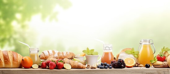 Garden table with summer picnic fresh fruit croissants honey bread drinks ice cream dessert