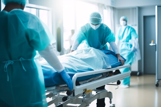 A hospital emergency scene, with doctors and nurses moving a patient on gurney. Concept of urgent medical care and teamwork