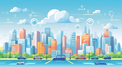Obraz premium Social networking city and town with automation car on the world symbols moving from buildings to cloud using wifi. Vector illustration, penology, communication, generation, modern, generate by AI