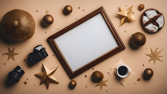 Christmas composition. Photo frame. camera. christmas decorations on beige background. Flat lay. top view. copy space