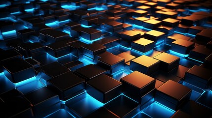 A floor or surface covered with lit up squares with blue lights. Generative AI. 