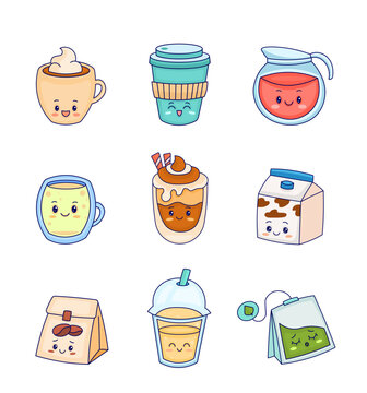 Cute kawaii character coffee tea. Cartoon cup mug jug glass packaging bag. Vector drawing. Collection of design elements.