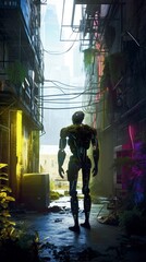 An alley in a cyberpunk city with neon lights. Generative AI. 