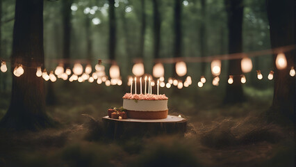 Wedding cake with candles in the forest. Selective focus.