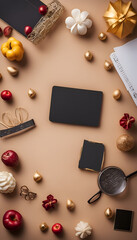 Flat lay composition with christmas ornaments on brown background