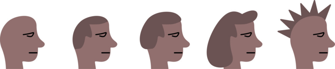 Dark Skinned Man Head with Brown Various Hair Styles Icon Set. Vector Image.