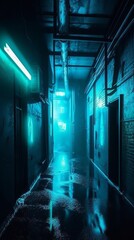 An empty alley in a cyberpunk city with neon lights. Generative AI. 