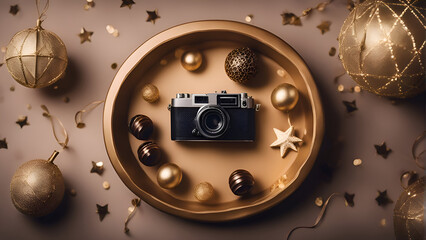 Retro camera with christmas decorations on brown background. Top view