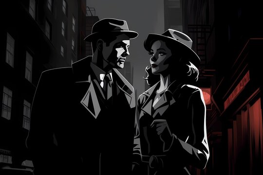 a man and a woman in the style of the film noir