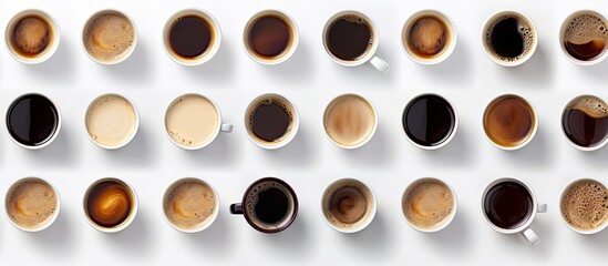 Various coffee cups on a white background each photographed individually