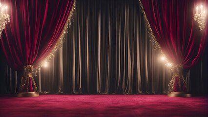 Theater stage with red curtains and spotlight. 3D Rendering