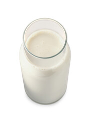 Glass carafe of fresh milk isolated on white, above view