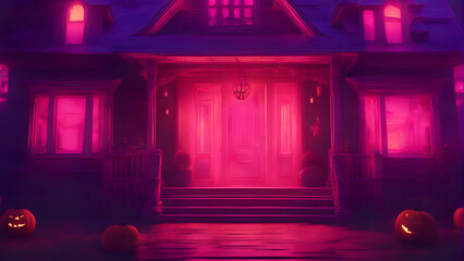Halloween scene with haunted house and pumpkins. 3d rendering