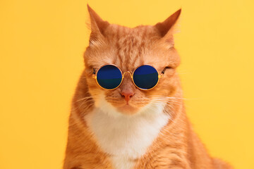 Portrait of cute ginger cat in stylish sunglasses on yellow background