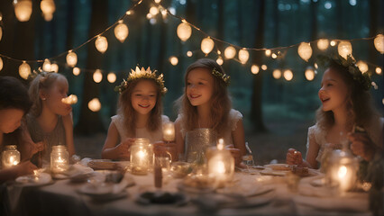 Little princesses sitting at the table in the forest at Christmas time