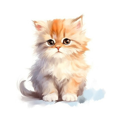 Naklejka na ściany i meble Kitty cartoon watercolor illustration, cute portrait of cat isolated on white background.