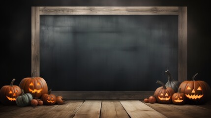 scary halloween background with pumpkin and bats at a spooky wooden wall. terrifying blank banner board with copy space background. frame wallpaper for ads. Generative AI